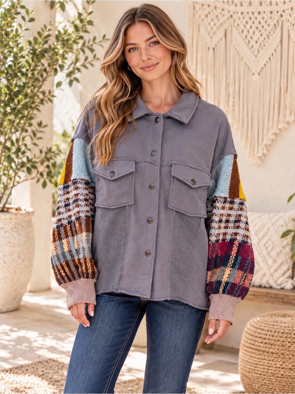 124 NWT Easel Multicolor Patchwork Jacket Oversized Small